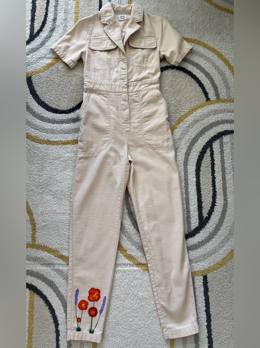 BDG Light Beige Short-Sleeve Utility Jumpsuit with Floral Embroidery - Picture 2 of 5